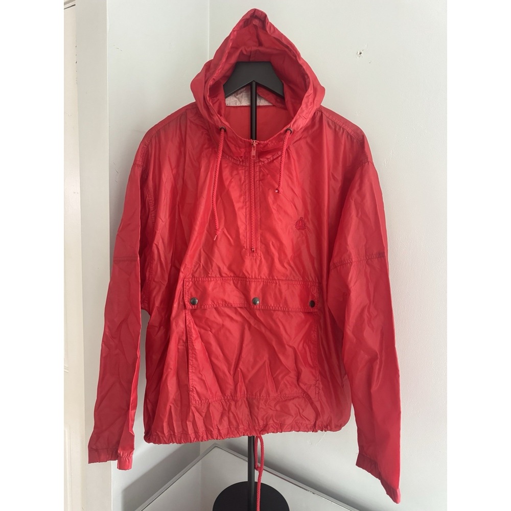 IZOD Red Nylon Hooded Pullover Windbreaker Jacket L Half Zip Logo Vintage 90s